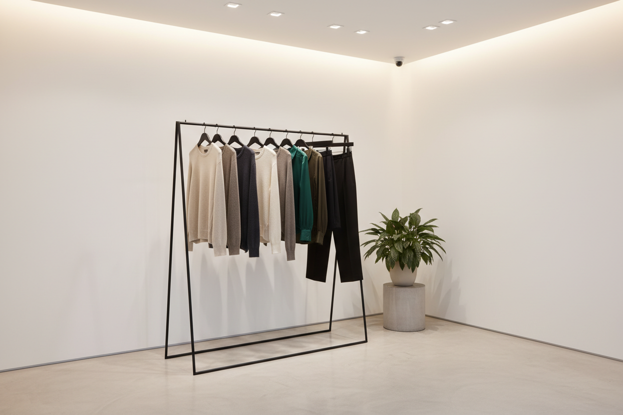 black garment rail standing in corner in boutique store