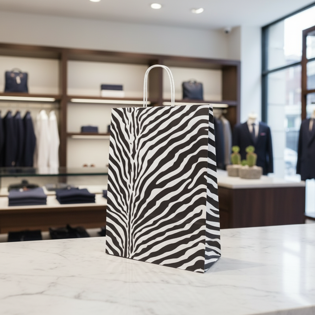 Black Zebra Paper Twisted Handle Carrier Bag